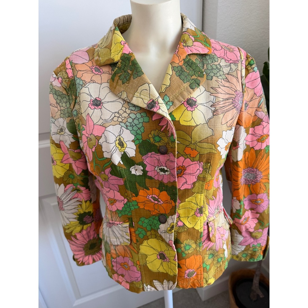 Miss Sixty Floral Blazer Jacket Large Orange Pink Psychedelic Retro Y2K Floral